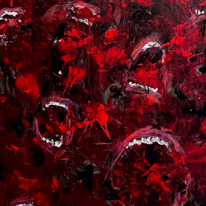 a visceral splatter-streaked image of gnashing teeth and pale pink lips in a crimson fugue of splatters. 
