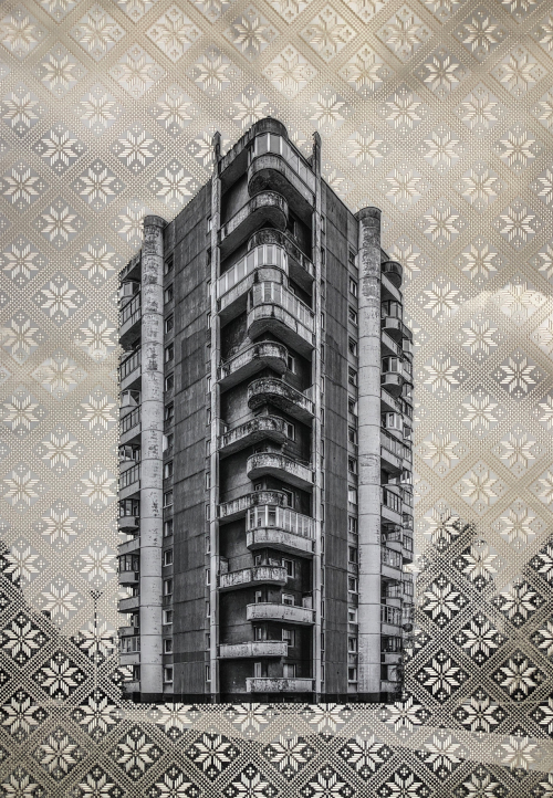 artis Krista Svalbonas's work What Remains 6 featuring a soviet apartment building viewed at the corner in sharp angle in black and white layed over a lave quadratic pattern