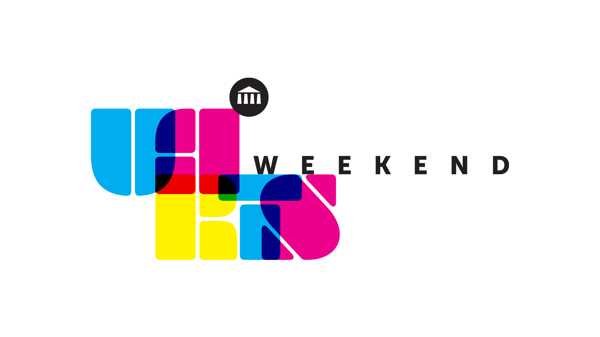 Graphic logo that reads "UArts Weekend." "UArts" is in a stylized font comprised of very thick, rounded serifs alternating between blue, magenta and yellow letters. The letters are stacked and slightly transparent creating a unique visual effect. "Weekend" is in a black, sans-serif all-caps font and sits on top of the T and S. UArts' Hamilton Icon is slightly overlapping the A in UArts.