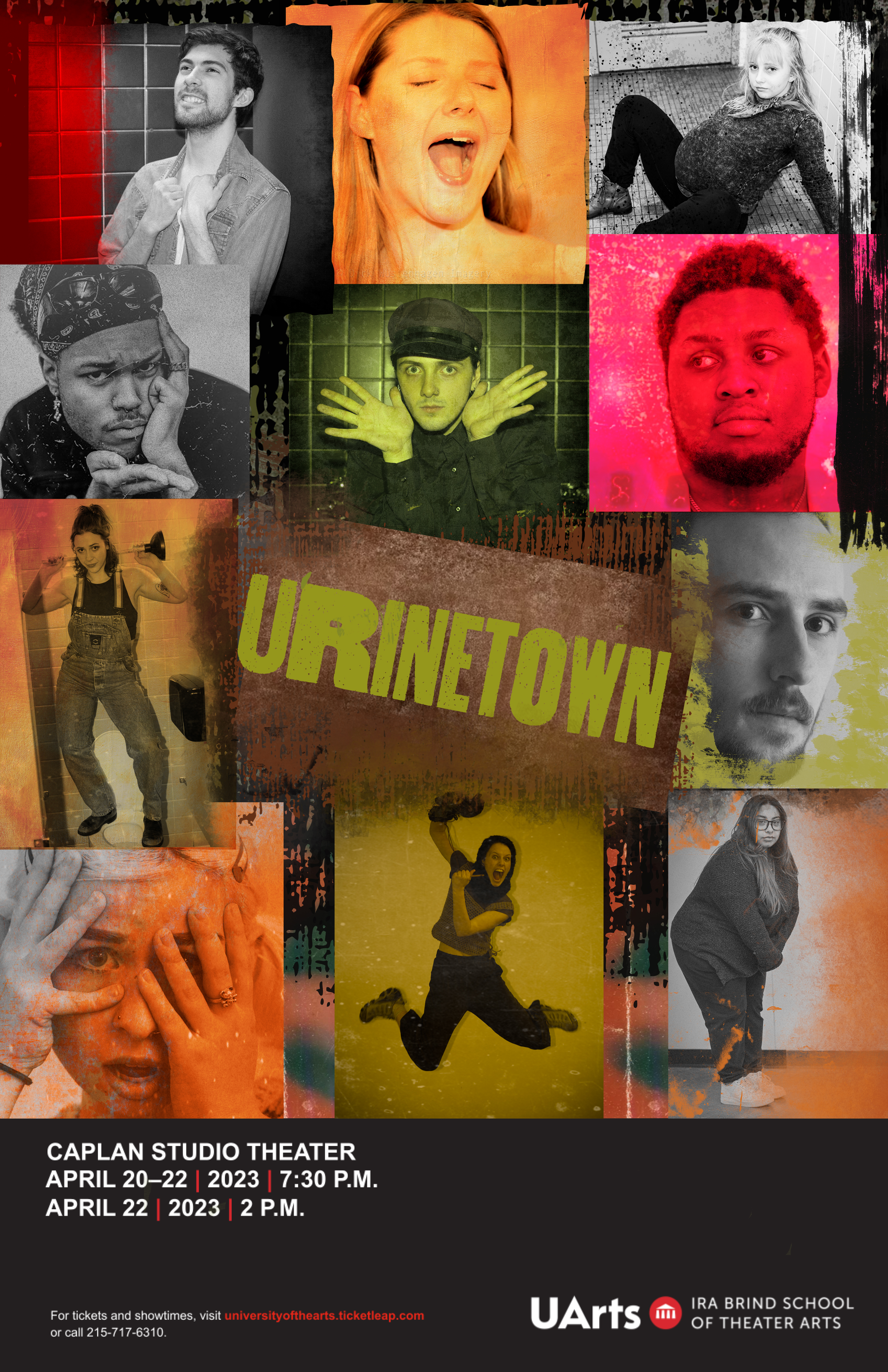 A collage of pictures of people with the images in yellow, orange, and red colors. Some pictures are close up faces, mixed in between full body pictures. The middle of the page reads "Urinetown" in a green-toned color. The bottom reads "Caplan Studio Theater April 20–22, 2023 7:30 P.M., April 22, 2023 2 P.M." 